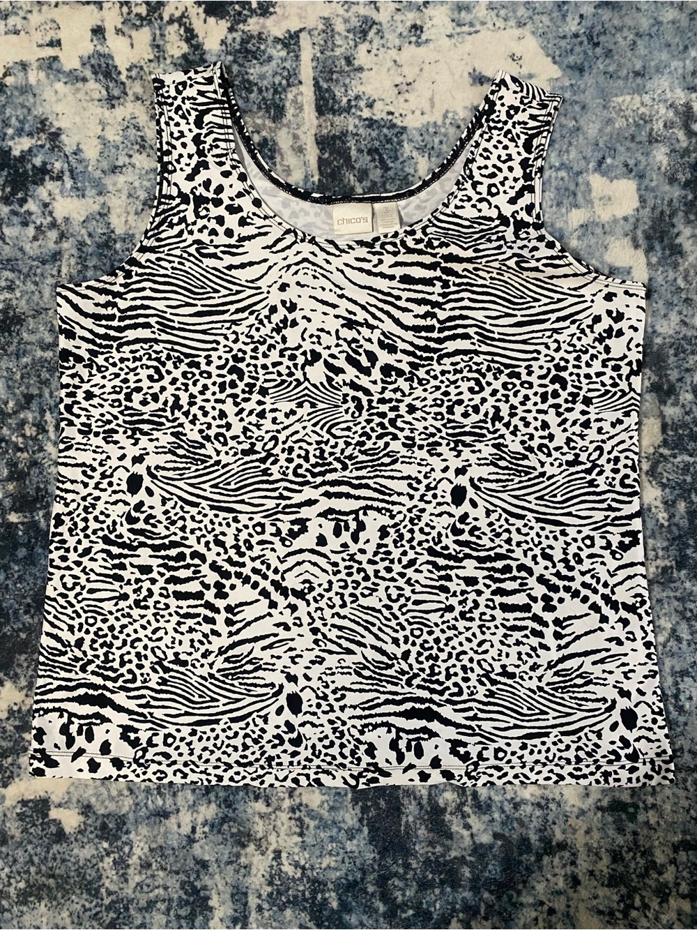 Chico’s Animal Print Tank Top Womens XL Black White Mixed Print Sleeveless